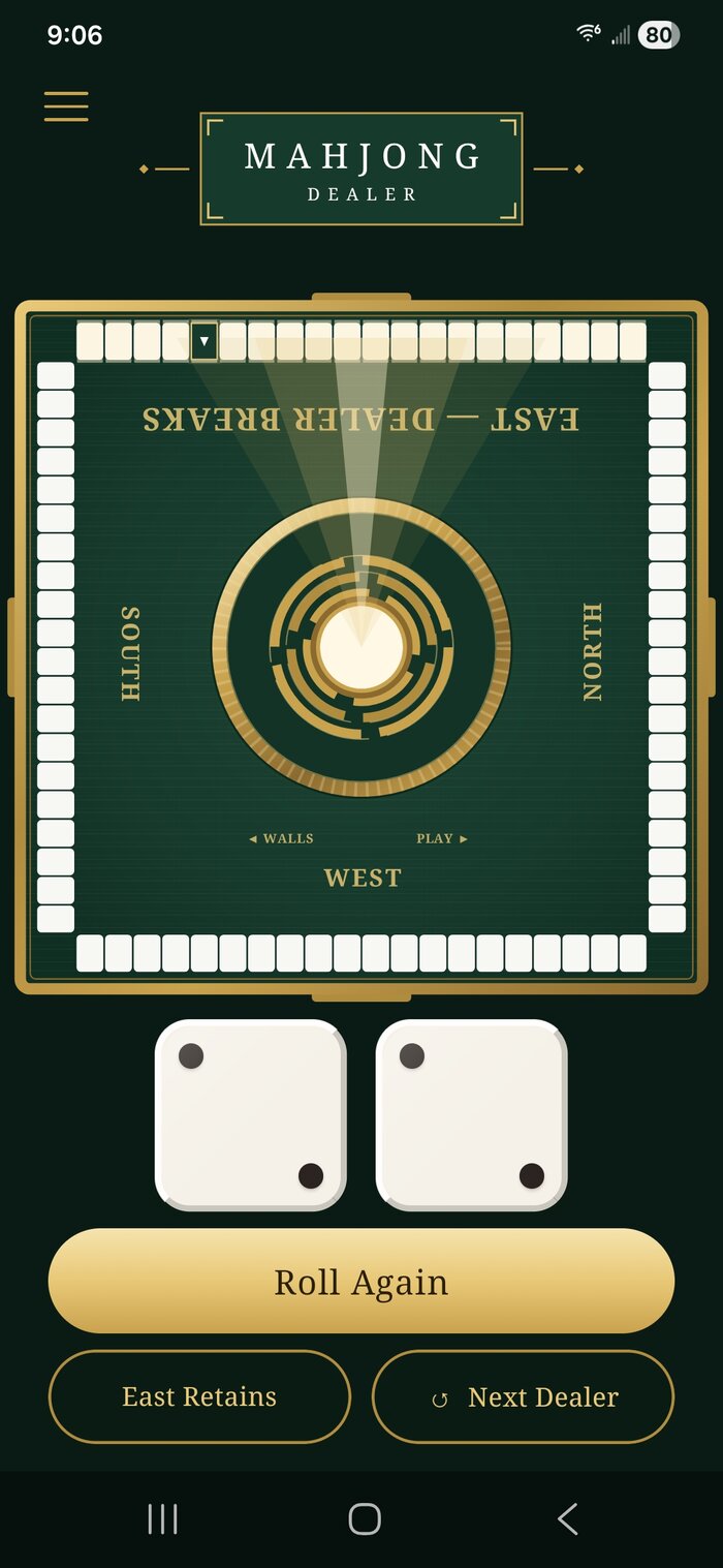 Mahjong Dealer's Classic Jade theme — deep green felt with white tiles and gold accents — showing a landed roll with the dealer's wall lit up