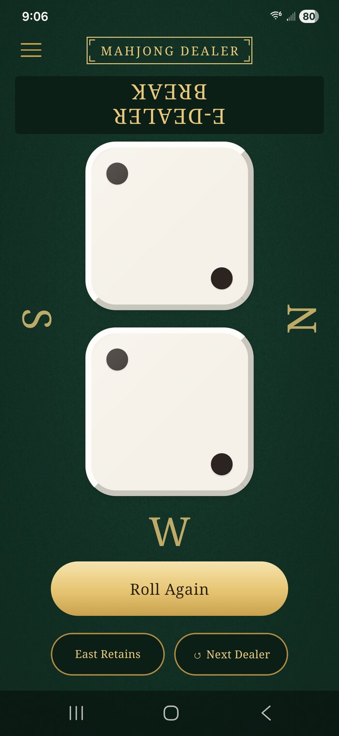 Mahjong Dealer's Max mode, showing full-screen dice with compass labels around them calling out the dealer's seat and which wall breaks
