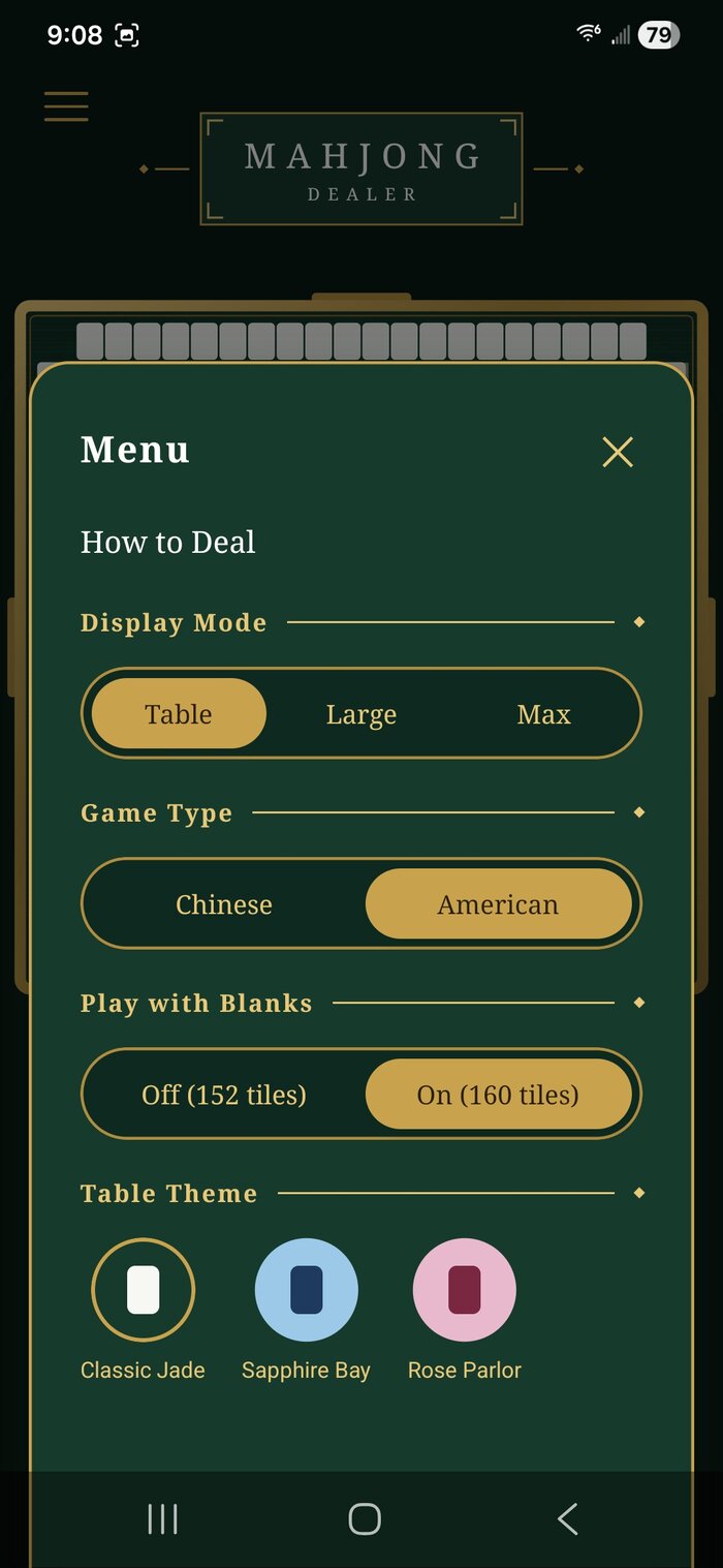 Mahjong Dealer's menu, showing the Display Mode, Game Type, Play with Blanks, and Table Theme toggles