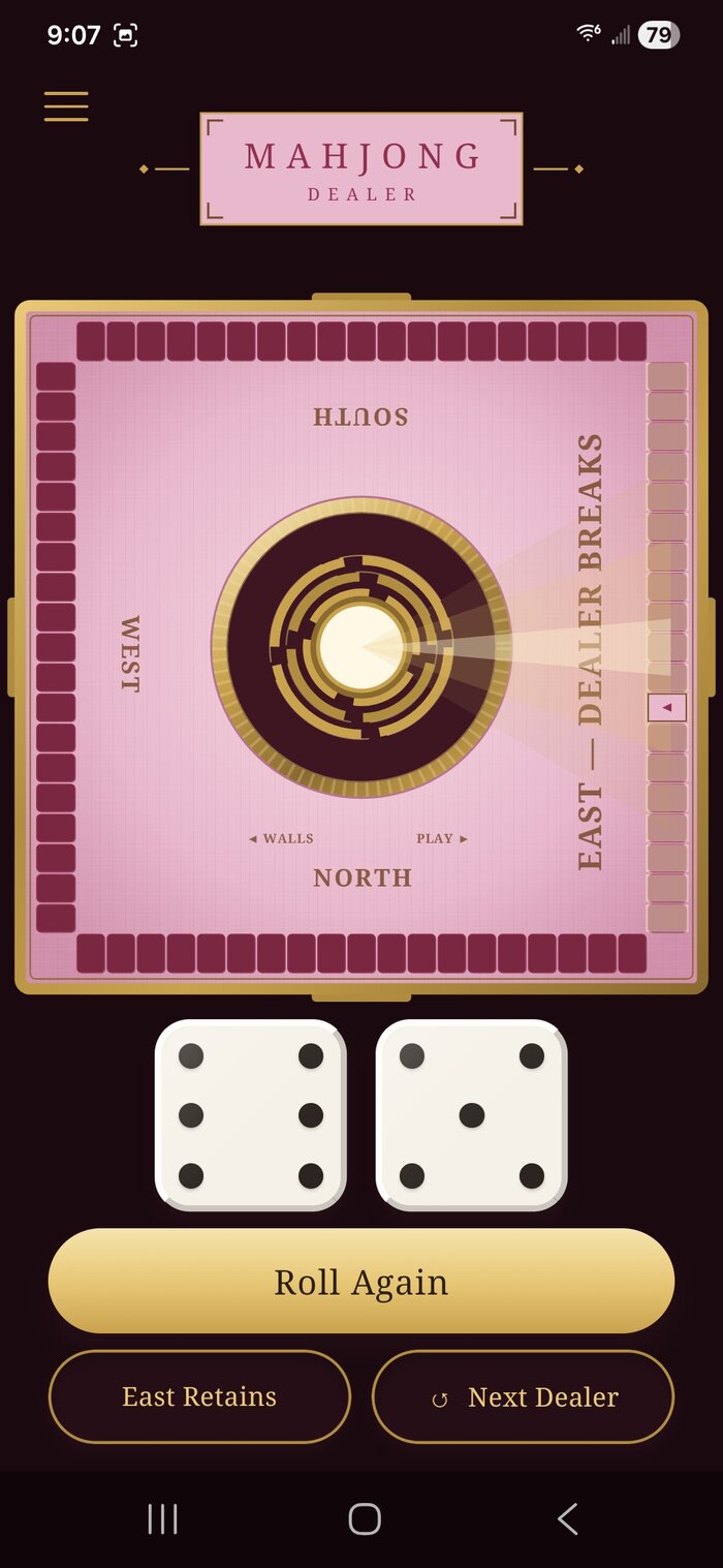Mahjong Dealer's Rose Parlor theme — light pink felt with rose-colored tiles — showing a landed roll with the highlighted break tile
