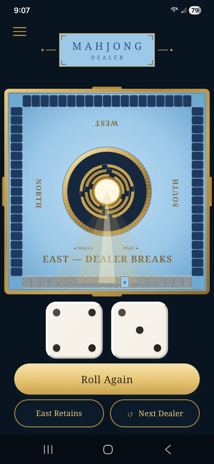 Mahjong Dealer's Sapphire Bay theme — light blue felt with dark blue tiles — showing a landed roll with the dealer's wall lit up